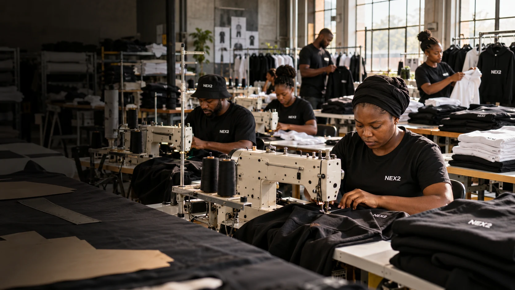 NEX2 concept: garment makers working at sewing machines in a clothing factory