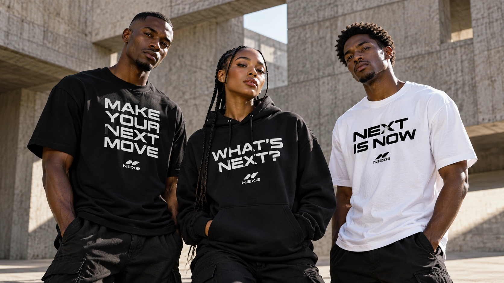 Next Move concept campaign in black and white apparel